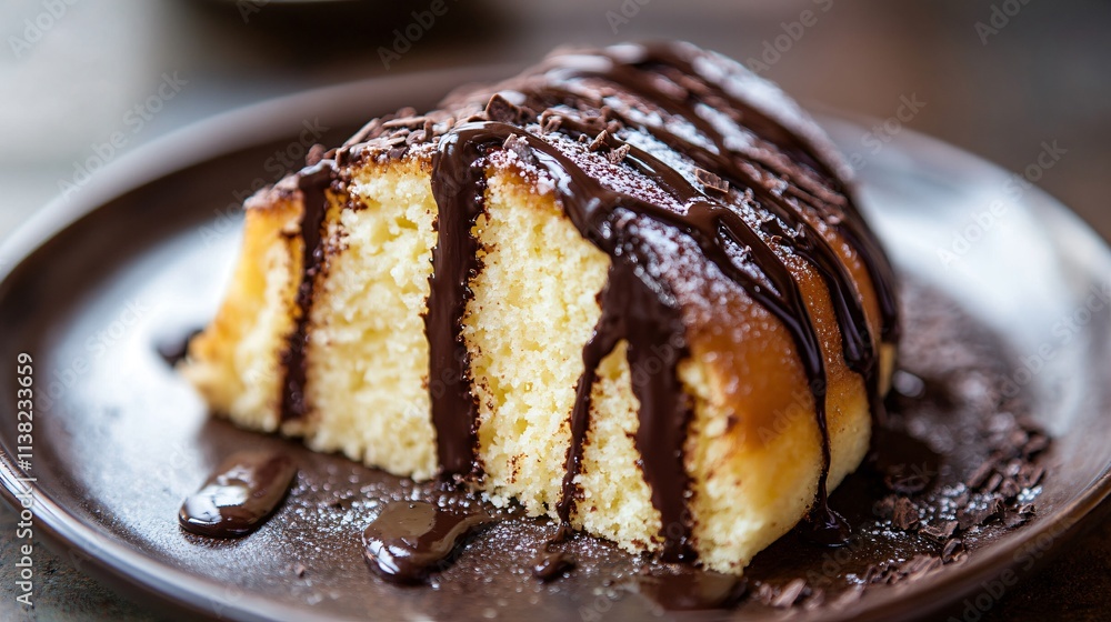 A slice of crazy cake with chocolate drizzle, served on a rustic plate with soft natural lighting A slice of crazy cake with chocolate drizzle, served on a rustic plate with soft natural lighting