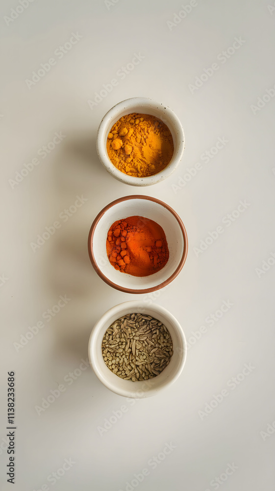 Top-down view of spices in bowls on a white surface. Top-down view of spices in bowls on a white surface.