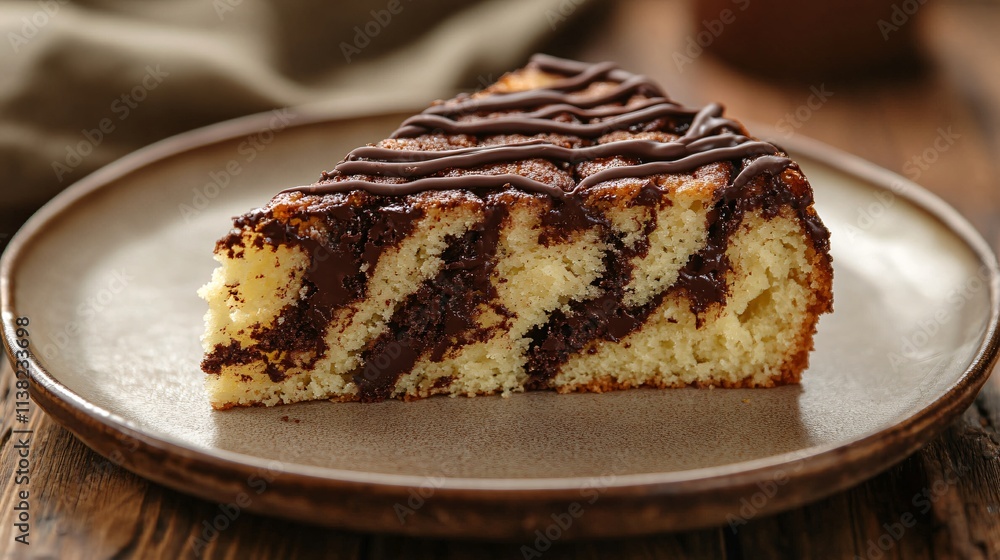 A slice of crazy cake with chocolate drizzle, served on a rustic plate with soft natural lighting A slice of crazy cake with chocolate drizzle, served on a rustic plate with soft natural lighting