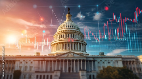 Capitol building with financial graphs illustrating market trends against a sunset backdrop.