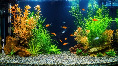 A detailed aquarium with fish and aquatic plants, Aquarium setup arranged meticulously, Nature minimalist style photo