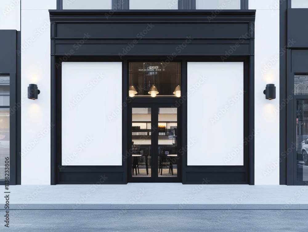 Modern storefront with blank white posters. Modern storefront with blank white posters.