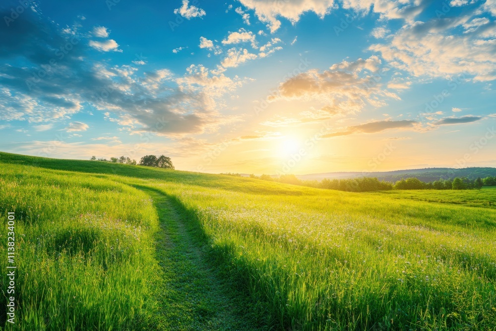 Fototapeta premium Serene Sunset over Rolling Green Meadows