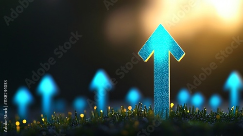 Bright blue arrows point upward, symbolizing growth and progress against a blurred sunset background. photo