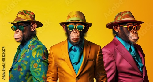 Monkeys in colorful suits and sunglasses. Fashion humor concept