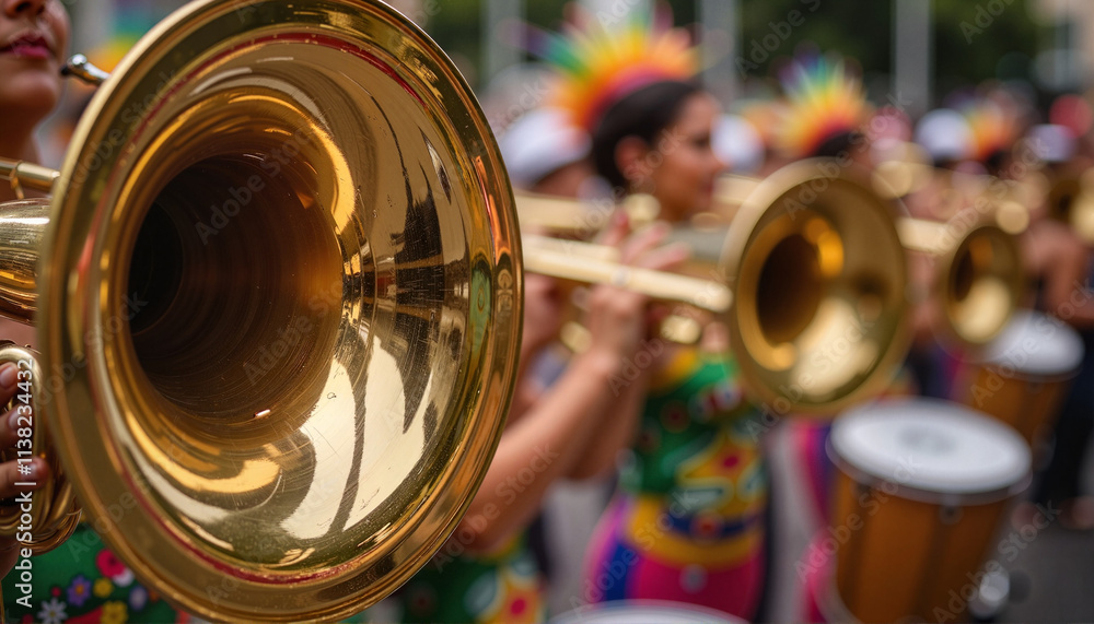 Fototapeta premium Samba band brass instruments reflecting colorful parade lights. Carnival in Brazil