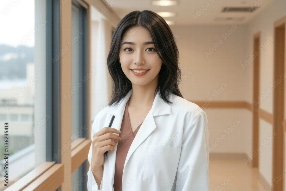 confident female doctor in white coat, holding pen, smiles in modern medical office. bright environment reflects professionalism and care confident female doctor in white coat, holding pen, smiles in modern medical office. bright environment reflects professionalism and care