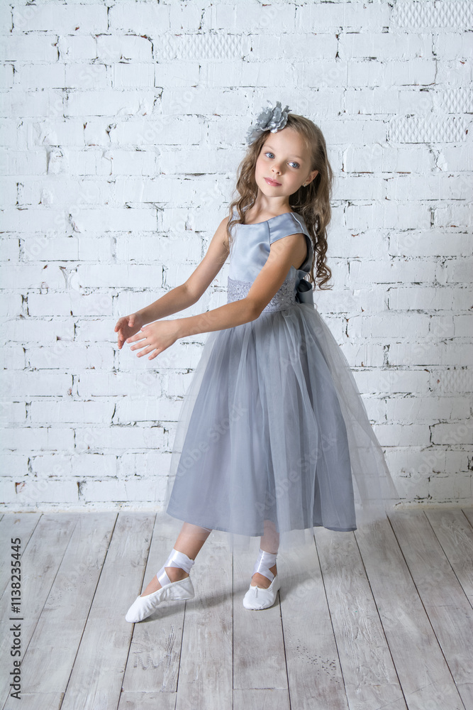 Beautiful girl in gray dress and pointe shoes is posing in the room Beautiful girl in gray dress and pointe shoes is posing in the room