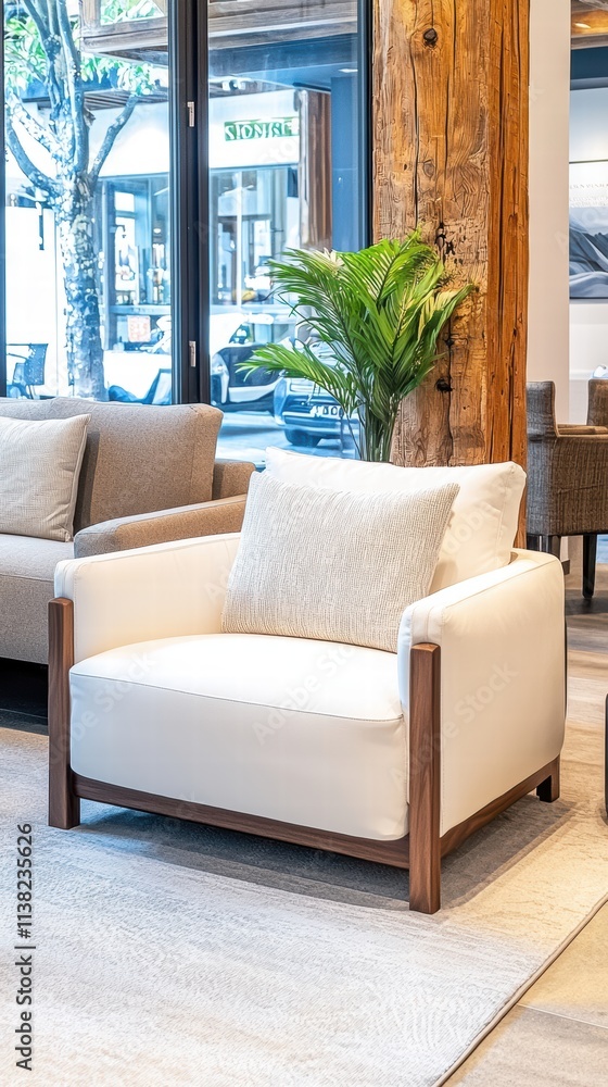 Fototapeta premium Modern Comfortable White Armchair with Wooden Accents in Stylish Living Space