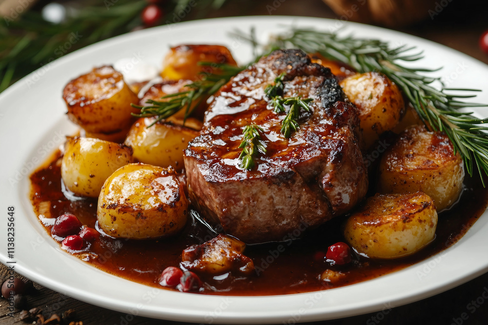 Generative AI Image of a Christmas Dinner Table Featuring Meat Meals, Roasted Potatoes, and Festive Side Dishes Generative AI Image of a Christmas Dinner Table Featuring Meat Meals, Roasted Potatoes, and Festive Side Dishes
