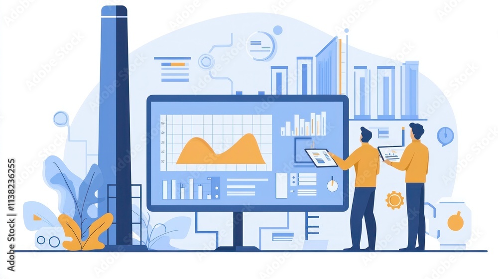 Naklejka premium Monitoring Air Pollution Data: Engineers Supervising Emissions Control at Factory Chimney - 2D Flat Illustration