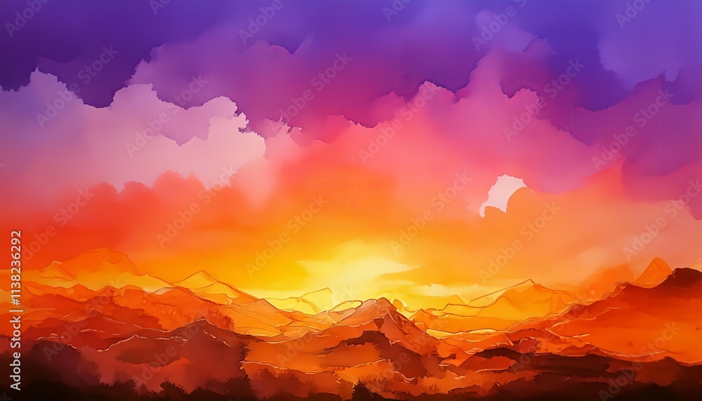 Fototapeta premium Abstract Watercolor Sunset Sky Background with Orange and Purple Tones