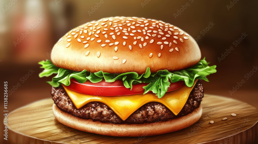 Juicy gourmet cheeseburger with sesame bun, lettuce, tomato, and cheese Juicy gourmet cheeseburger with sesame bun, lettuce, tomato, and cheese