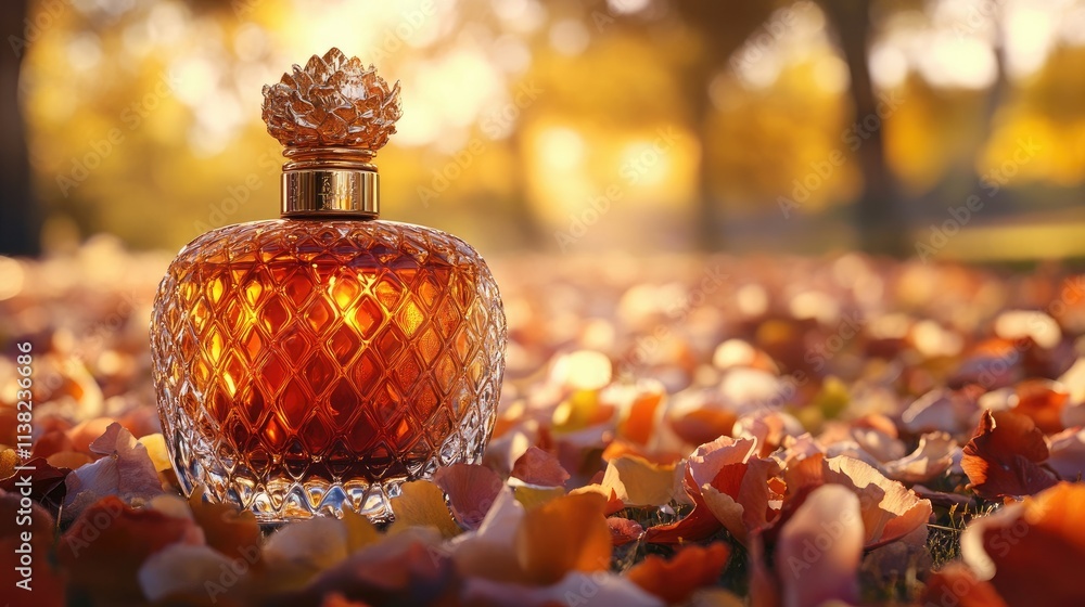 Perfume bottle in fallen leaves outdoors.