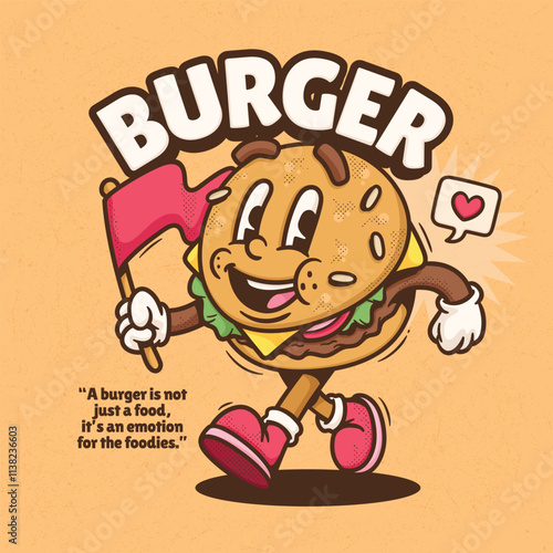 Burger Cute Trendy Retro Cartoon Vector Hand Drawn 