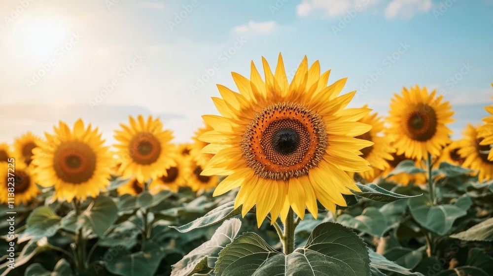 Home gardening and soil relaxation, A vibrant field of sunflowers basking in sunlight, showcasing their bright yellow petals against a clear blue sky. Home gardening and soil relaxation, A vibrant field of sunflowers basking in sunlight, showcasing their bright yellow petals against a clear blue sky.