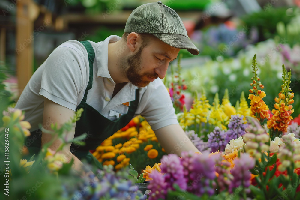Generative AI Image of Gardener Caring for Flowers and Plants in a Vibrant Greenhouse Garden Generative AI Image of Gardener Caring for Flowers and Plants in a Vibrant Greenhouse Garden
