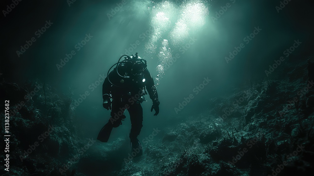 A diver encountering a bioluminescent sea monster in the eerie darkness of the ocean floor A diver encountering a bioluminescent sea monster in the eerie darkness of the ocean floor