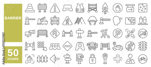 Set of 50 line icons related to barrier, road, traffic, safety, access, repair, fence, cone, boundary, detour, block, Editable stroke. Vector illustration