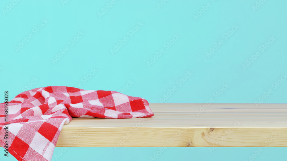 Obraz premium Rustic Wooden Tabletop Mockup with Red and White Checkered Kitchen Towel on a Blue Background, Perfect for Food Product Display, Branding, and Marketing.