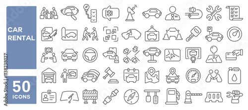 Set of 50 line icons related to car rental, sharing, automobile, transport, dealer, contract, exhibition, inspection, garage, ride, Editable stroke. Vector illustration