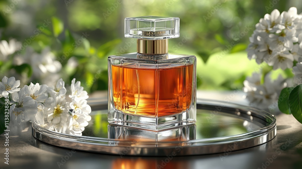 Perfume bottle with gold cap on mirrored tray, white flowers, foliage background. Perfume bottle with gold cap on mirrored tray, white flowers, foliage background.