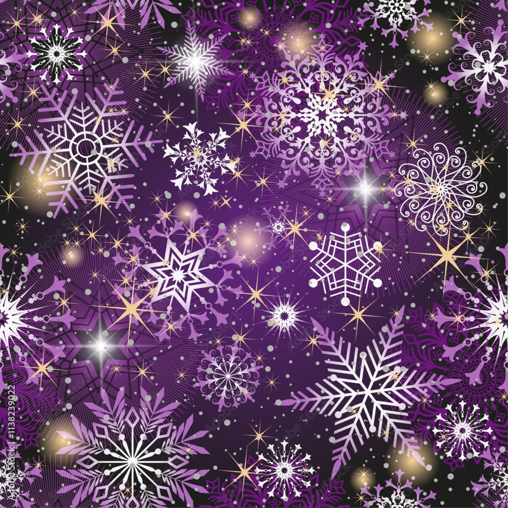 Vector Christmas hand drawn seamless pattern with doodle gradient snowflakes and glitter star of bethlehem on black-violet Vector Christmas hand drawn seamless pattern with doodle gradient snowflakes and glitter star of bethlehem on black-violet
