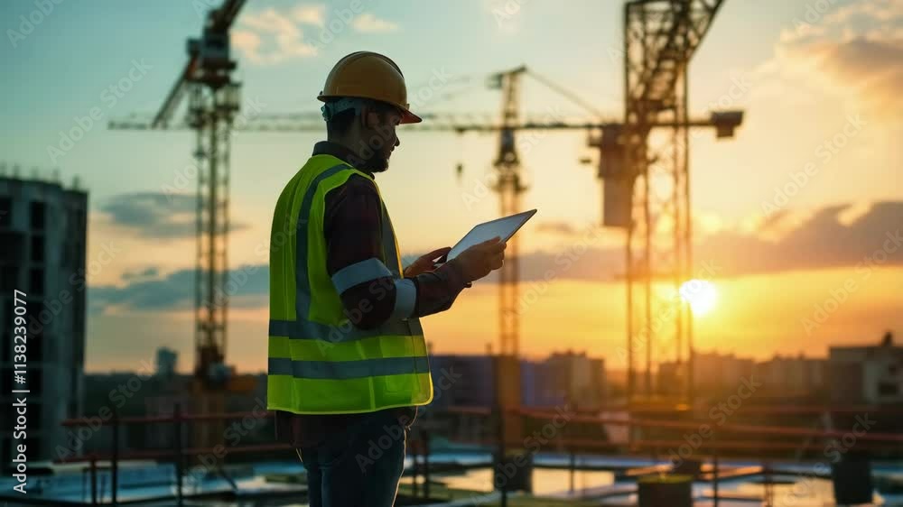 A foreman standing on the roof on construction site with cranes, using his tablet A foreman standing on the roof on construction site with cranes, using his tablet