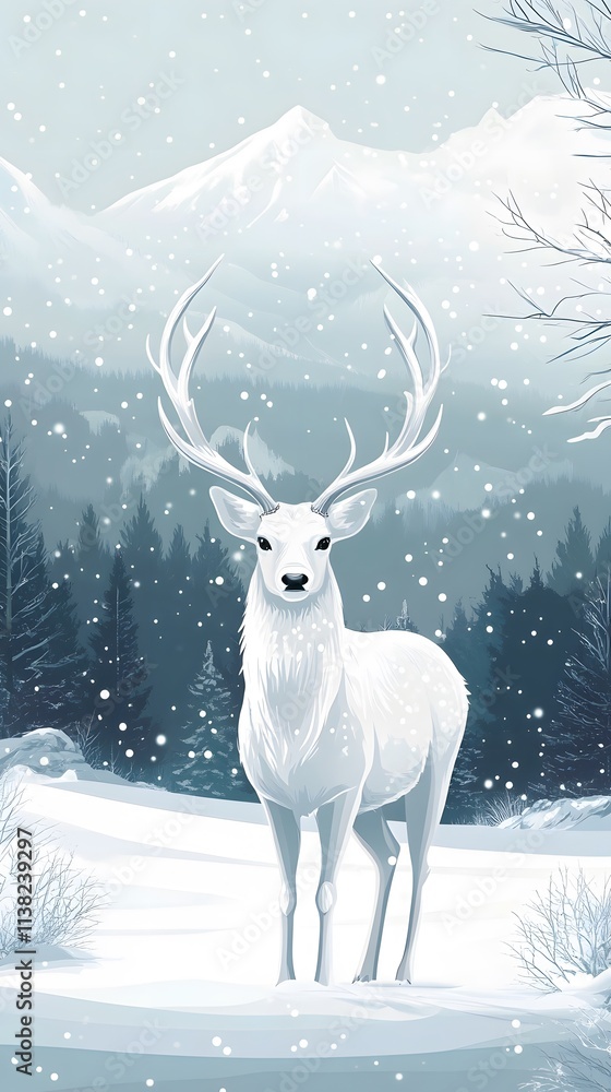 A majestic white deer with perfect antlers, and beautiful winter scenery A majestic white deer with perfect antlers, and beautiful winter scenery