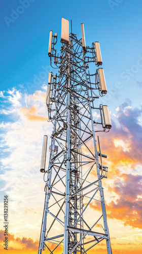 Close up shot of cell tower with sleek antennas against sunset sky