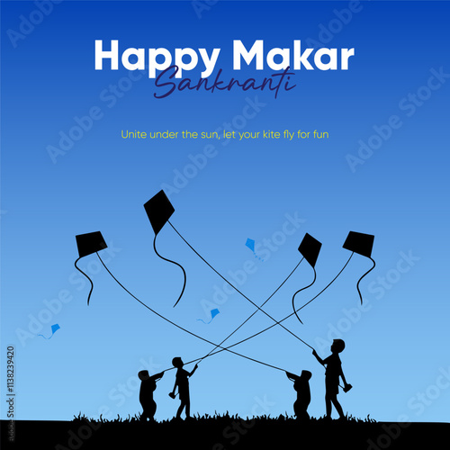 Colorful kites fly in the sky with Happy Makar Sankranti in festive font Children fly kites against a blue sky capturing the joy and spirit of the festival
