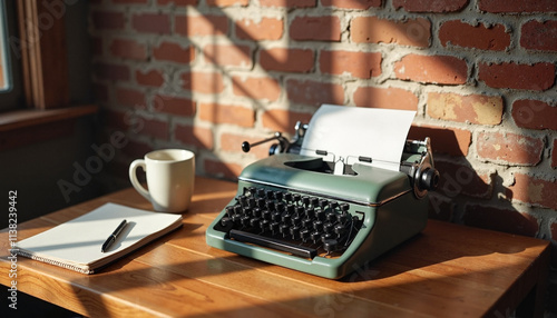 Vintage typewriter on a wooden table with soft natural light