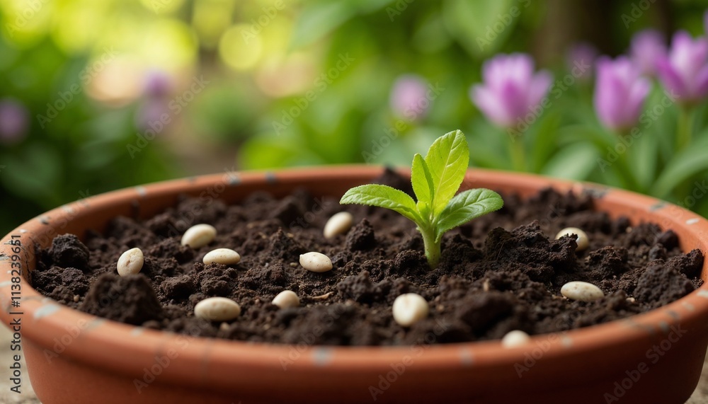 Seedling growing in a pot with beans and blooming tulips in a garden setting Seedling growing in a pot with beans and blooming tulips in a garden setting