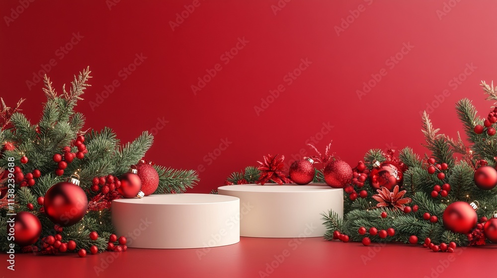 Photorealistic product mockup featuring Christmas elements, with empty podiums and a festive pattern. Ideal for showcasing holiday-themed designs, decorations, and seasonal marketing materials. Photorealistic product mockup featuring Christmas elements, with empty podiums and a festive pattern. Ideal for showcasing holiday-themed designs, decorations, and seasonal marketing materials.