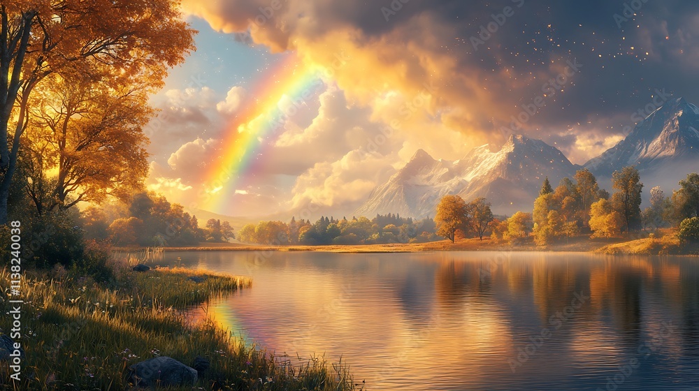A breathtaking rainbow arching over a tranquil countryside, the vibrant colors reflecting in a calm lake, with a backdrop of golden fields and distant mountains, softly lit by evening sunlight, A breathtaking rainbow arching over a tranquil countryside, the vibrant colors reflecting in a calm lake, with a backdrop of golden fields and distant mountains, softly lit by evening sunlight,