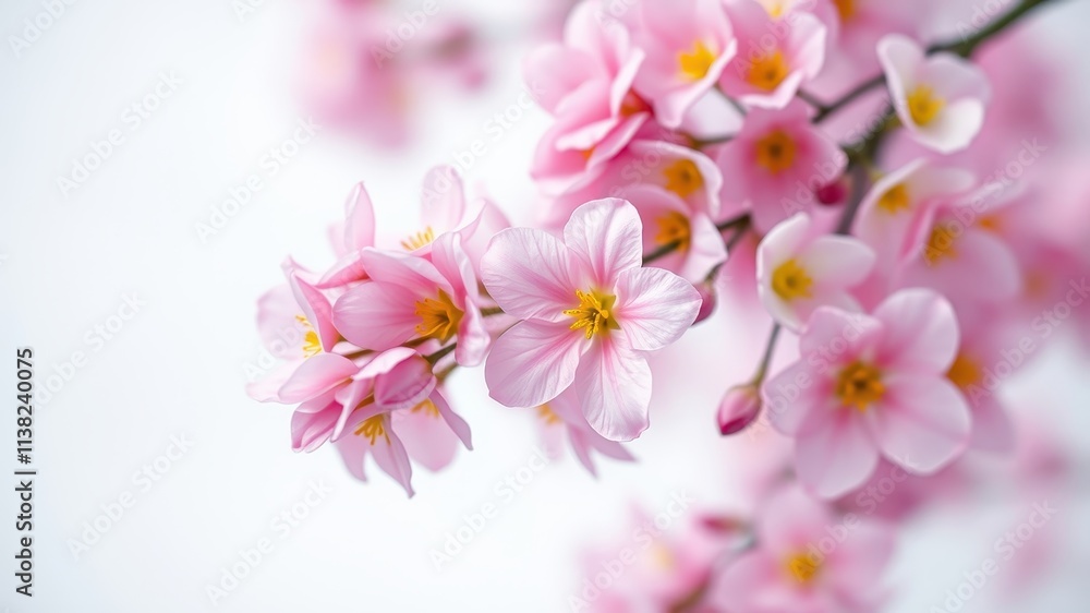 Delicate pink blossoms with golden centers bloom against a soft, white background, creating a captivating display of springtime beauty. Delicate pink blossoms with golden centers bloom against a soft, white background, creating a captivating display of springtime beauty.