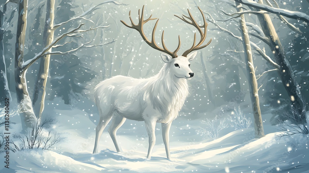 A majestic white deer with perfect antlers, and beautiful winter scenery A majestic white deer with perfect antlers, and beautiful winter scenery