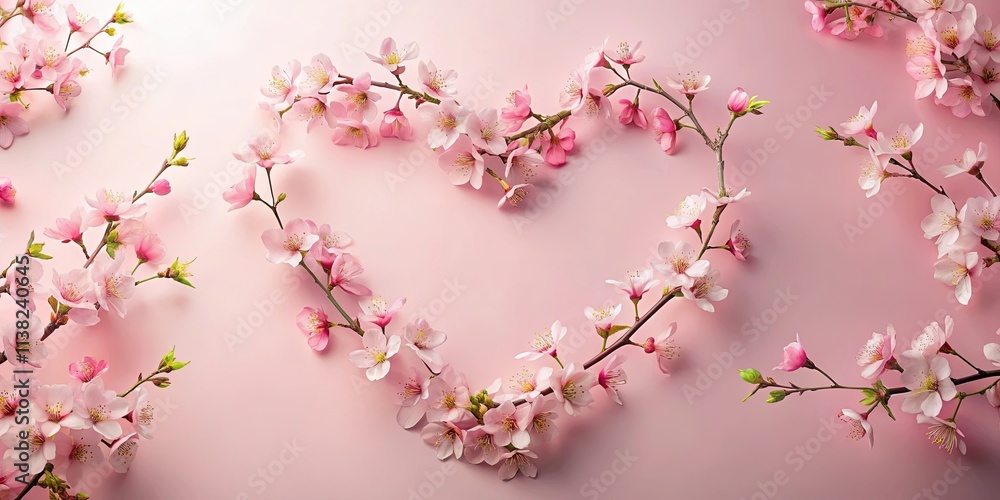 Delicate Pink Blossom Branches Arranged in a Heart Shape on a Pale Pink Background Delicate Pink Blossom Branches Arranged in a Heart Shape on a Pale Pink Background