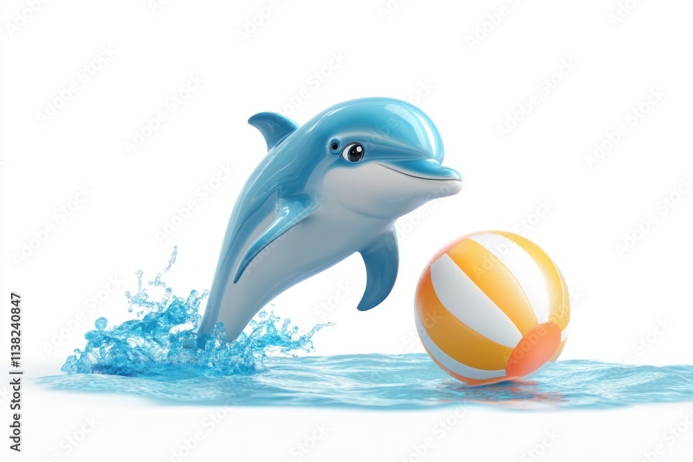 Playful Dolphin Jumping Out of Water with Colorful Beach Ball, Capturing the Joy of Summer Fun and Playtime in a Bright and Cheerful Scene Playful Dolphin Jumping Out of Water with Colorful Beach Ball, Capturing the Joy of Summer Fun and Playtime in a Bright and Cheerful Scene