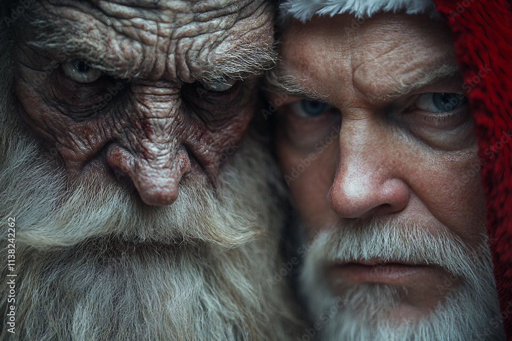 Generative AI depiction of evil horror Santa Claus and his sinister alter ego in a dark Christmas theme Generative AI depiction of evil horror Santa Claus and his sinister alter ego in a dark Christmas theme