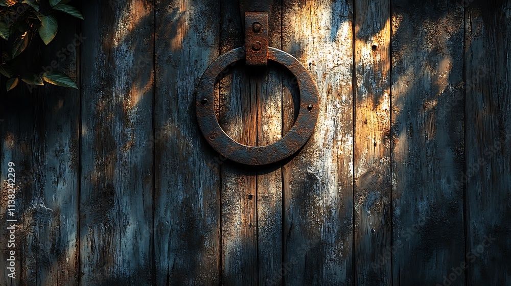 A classic horseshoe above a weathered wooden door, lit by the soft glow of early morning sunlight, with intricate wood grain patterns and the shadow of nearby foliage adding depth, hd quality, A classic horseshoe above a weathered wooden door, lit by the soft glow of early morning sunlight, with intricate wood grain patterns and the shadow of nearby foliage adding depth, hd quality,