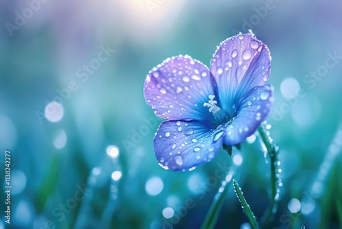 A vibrant blue flax flower, adorned with morning dew, blossoms in a soft-focus natural setting.