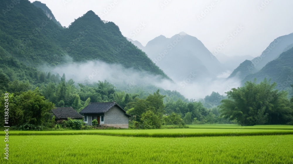 Fototapeta premium Lush green rice fields surround a rustic house, set against misty mountains, creating a serene and tranquil rural landscape.