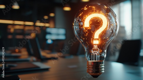 Illuminating Innovation: Light Bulb with Question Mark Filament in Boardroom Setting
