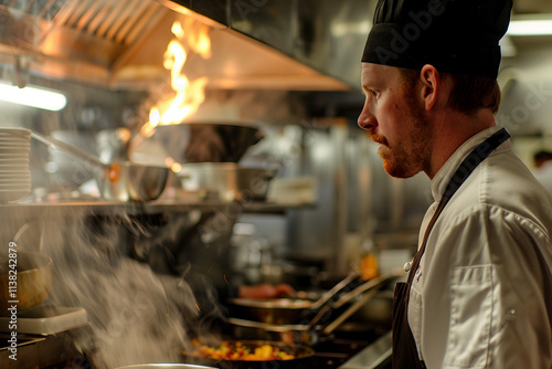 Generative AI Depiction of a Professional Male Chef Working in a Busy Restaurant Kitchen