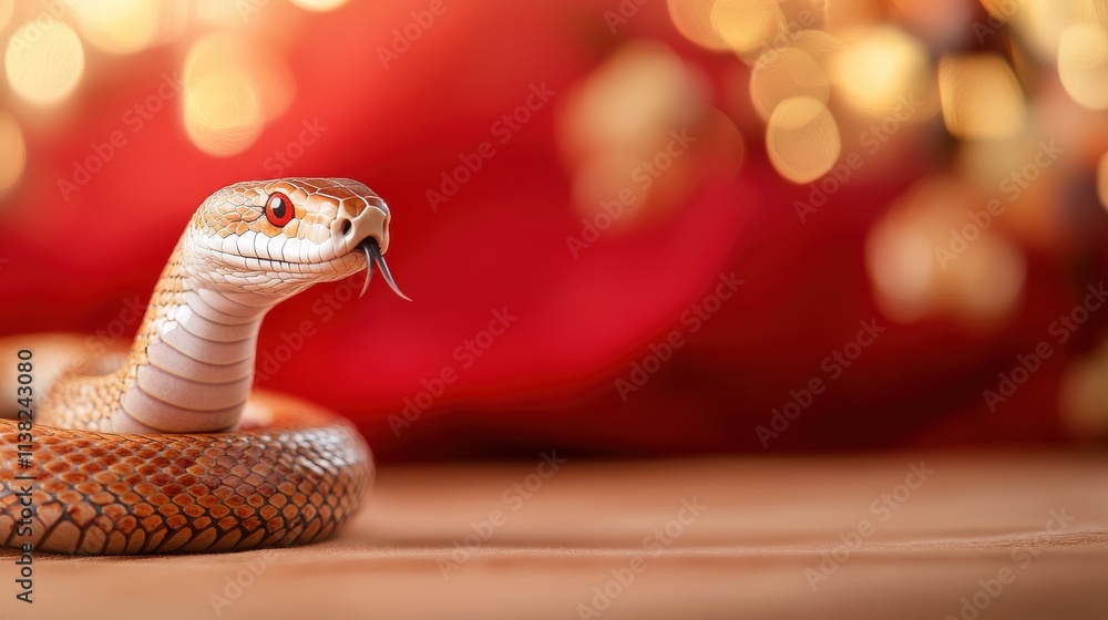 A close-up of a coiled snake with a blurred red background, featuring vibrant colors and a striking appearance. A close-up of a coiled snake with a blurred red background, featuring vibrant colors and a striking appearance.
