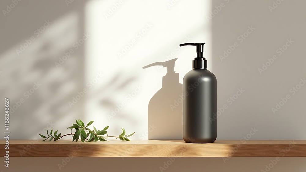 Shampoo bottle item photography, standing on a white cylinder, podium stage, light beige background, beautiful lighting and shadow from the window, a flat front shot, wood, minimalist style Shampoo bottle item photography, standing on a white cylinder, podium stage, light beige background, beautiful lighting and shadow from the window, a flat front shot, wood, minimalist style
