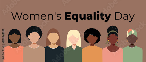 Vector horizontal poster Women's Equality Day. Female holiday, celebrated annually on August 26.  Women of different ethnicities stand side by side together.