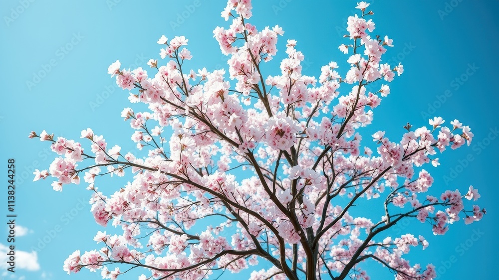 A vibrant display of delicate pink blossoms adorns the branches of a tree, reaching towards a clear blue sky, creating a picturesque scene of spring's arrival. A vibrant display of delicate pink blossoms adorns the branches of a tree, reaching towards a clear blue sky, creating a picturesque scene of spring's arrival.