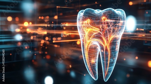 Detailed 3D Render of Human Tooth Anatomy with Nerve Pathways for Dental Treatment Concept
